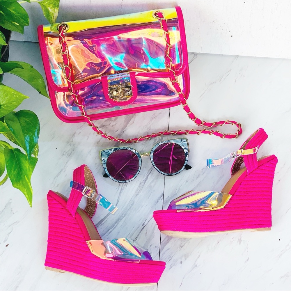 Hot Pink Espadrilles Hologram Wedge - Picture 2 of 8